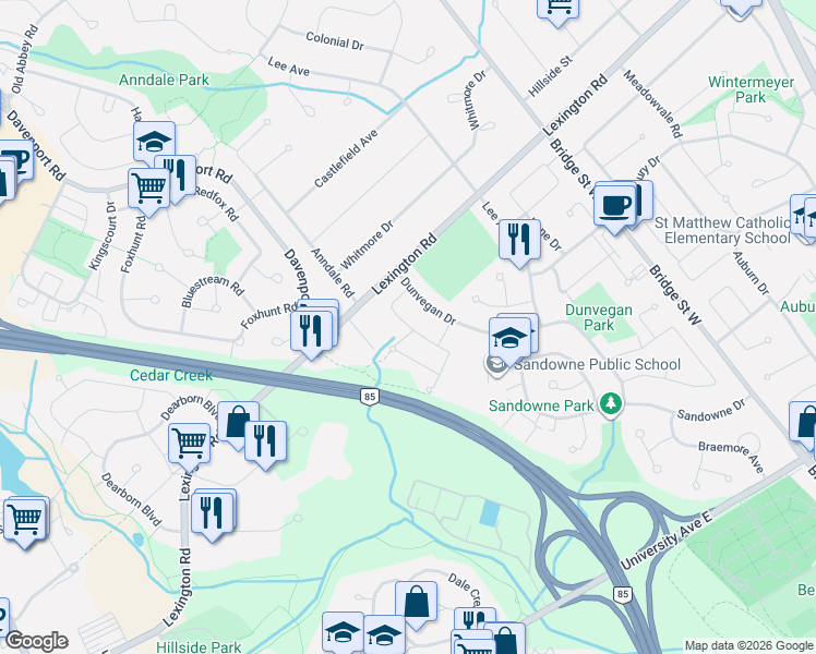 map of restaurants, bars, coffee shops, grocery stores, and more near 420 Cadbury Court in Waterloo