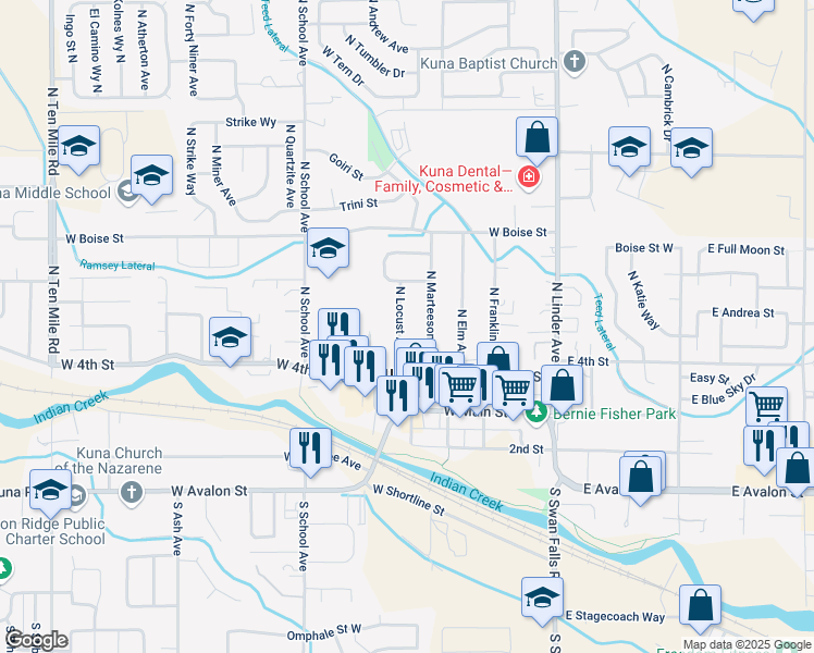 map of restaurants, bars, coffee shops, grocery stores, and more near 544 North Locust Avenue in Kuna