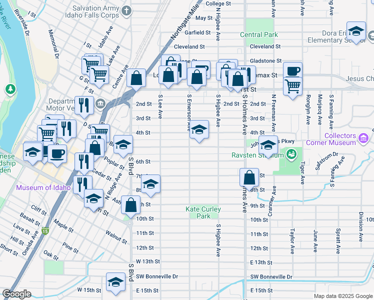 map of restaurants, bars, coffee shops, grocery stores, and more near 298 5th Street in Idaho Falls