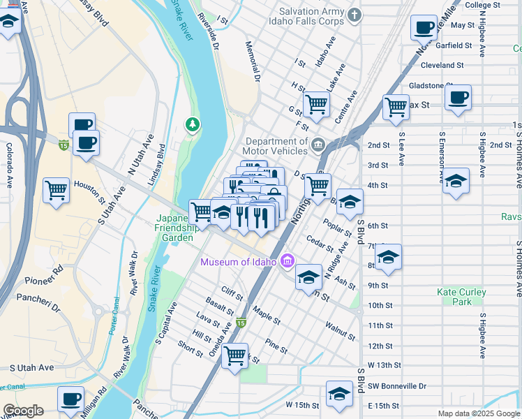 map of restaurants, bars, coffee shops, grocery stores, and more near 490 Park Avenue in Idaho Falls