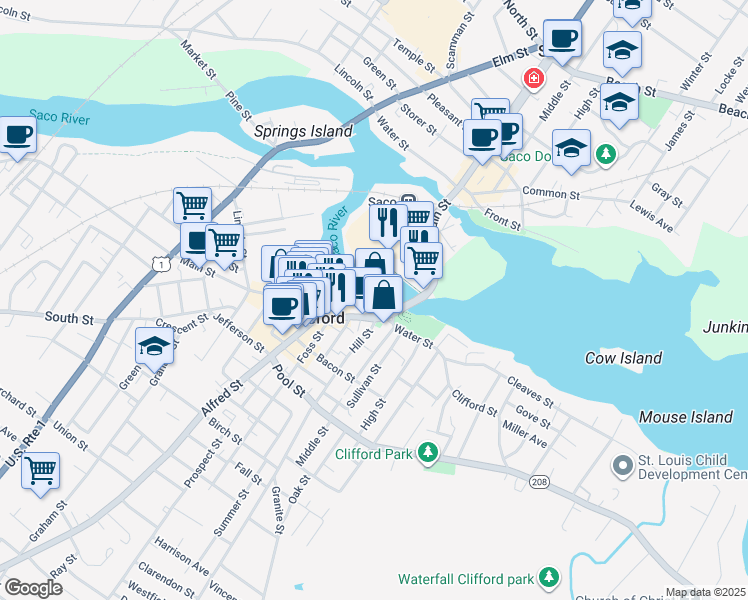 map of restaurants, bars, coffee shops, grocery stores, and more near 2 Main Street in Biddeford
