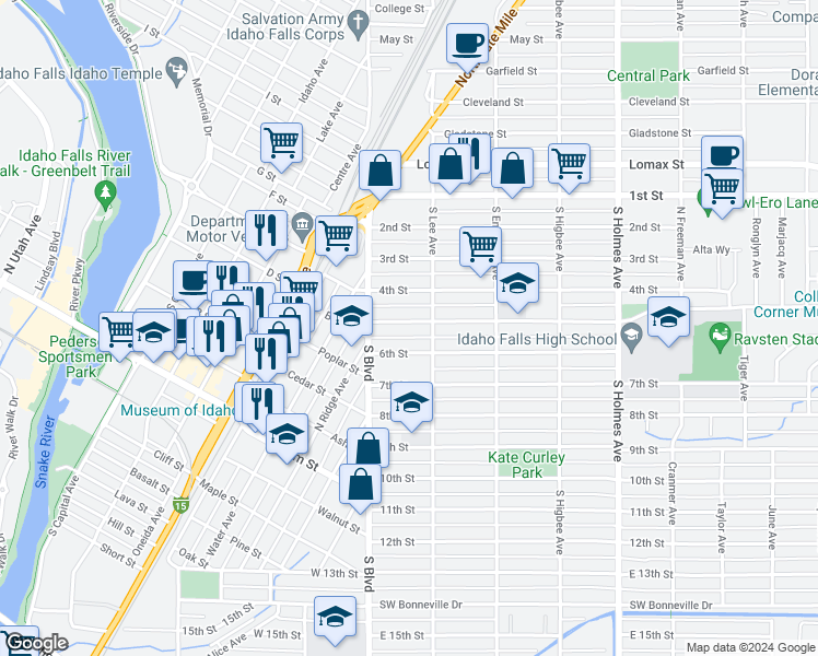 map of restaurants, bars, coffee shops, grocery stores, and more near 162 5th Street in Idaho Falls