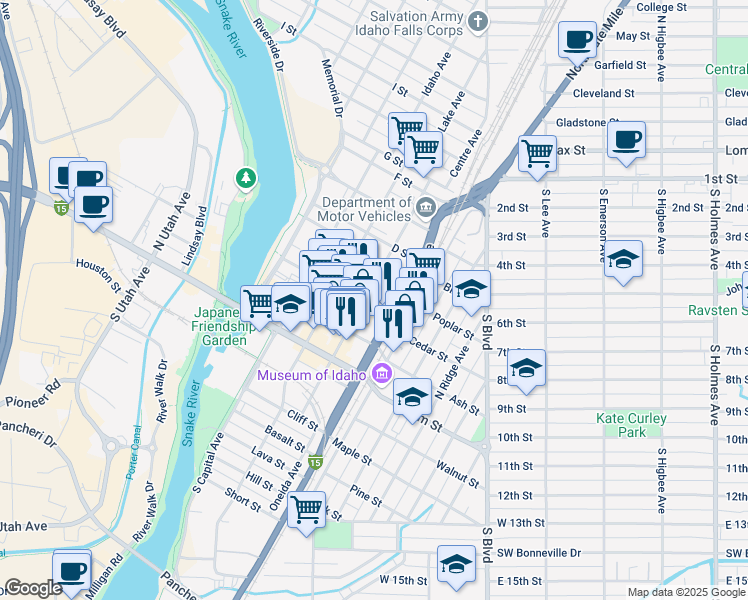 map of restaurants, bars, coffee shops, grocery stores, and more near 504 Shoup Avenue in Idaho Falls