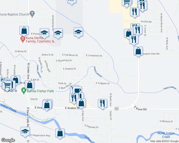 map of restaurants, bars, coffee shops, grocery stores, and more near 545 North Lahar Place in Kuna
