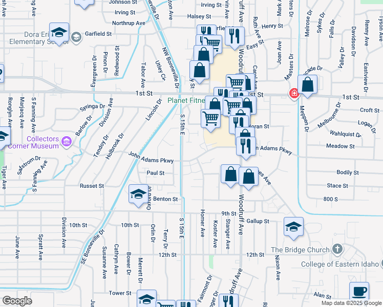 map of restaurants, bars, coffee shops, grocery stores, and more near 1518 John Adams Parkway in Idaho Falls