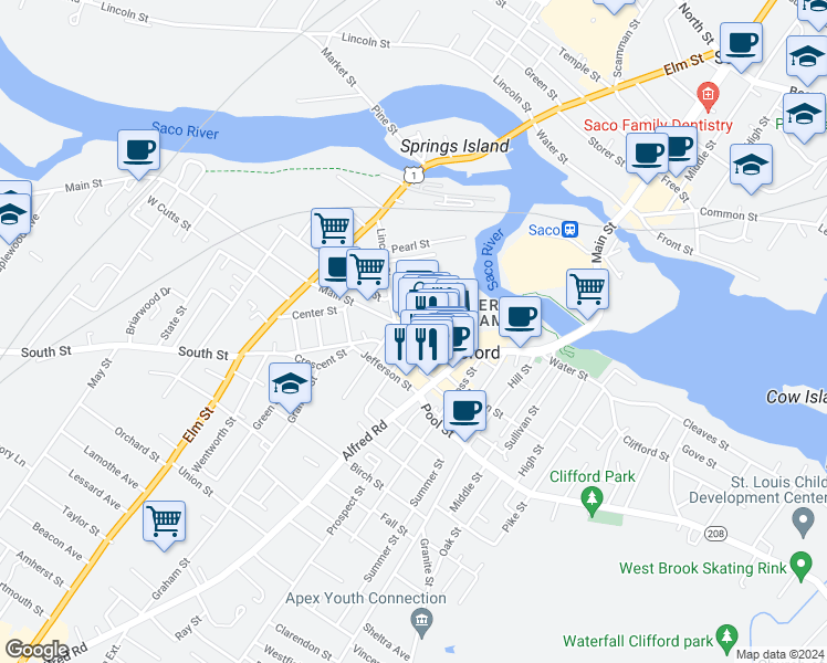 map of restaurants, bars, coffee shops, grocery stores, and more near 27 Washington Street in Biddeford
