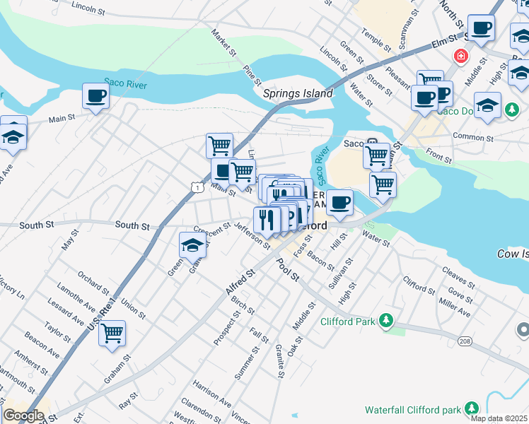 map of restaurants, bars, coffee shops, grocery stores, and more near 27 Washington Street in Biddeford