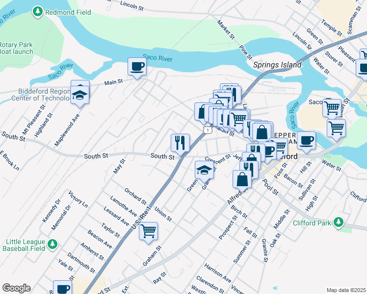 map of restaurants, bars, coffee shops, grocery stores, and more near in Biddeford