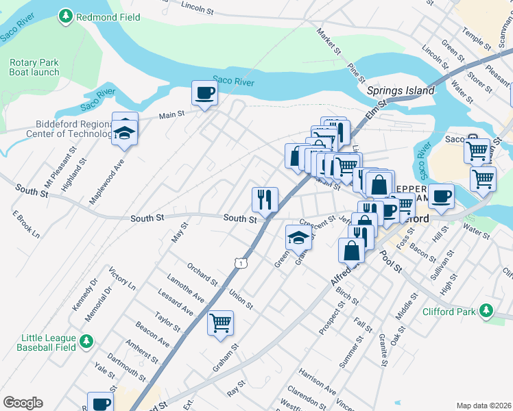 map of restaurants, bars, coffee shops, grocery stores, and more near in Biddeford