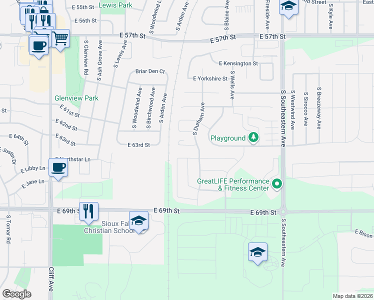 map of restaurants, bars, coffee shops, grocery stores, and more near 5701 South Bounty Place in Sioux Falls