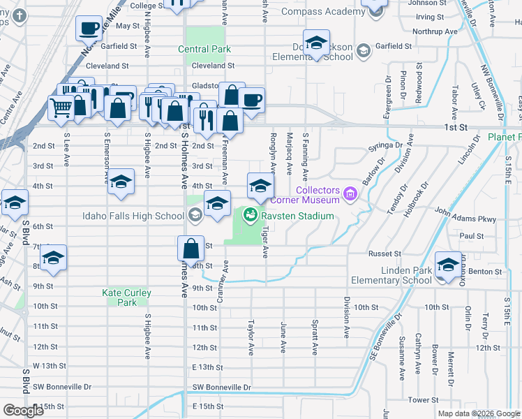 map of restaurants, bars, coffee shops, grocery stores, and more near 690 John Adams Parkway in Idaho Falls