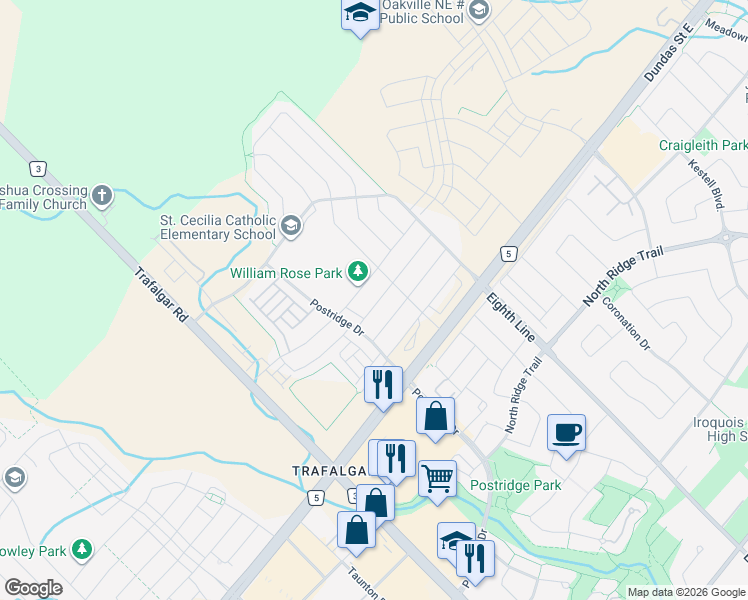 map of restaurants, bars, coffee shops, grocery stores, and more near 411 Grindstone Trail in Oakville