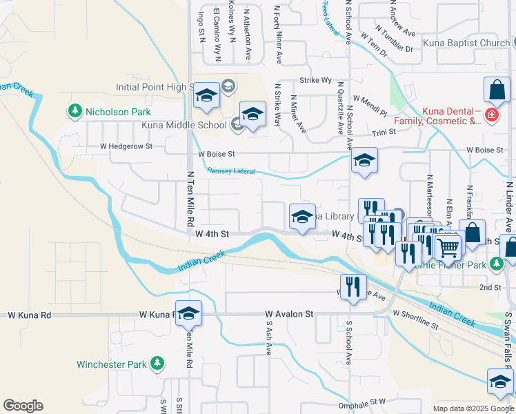 map of restaurants, bars, coffee shops, grocery stores, and more near 1308 West Ryegrass Court in Kuna