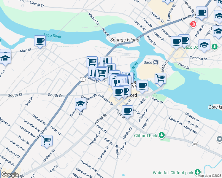 map of restaurants, bars, coffee shops, grocery stores, and more near 2 York Street in Biddeford