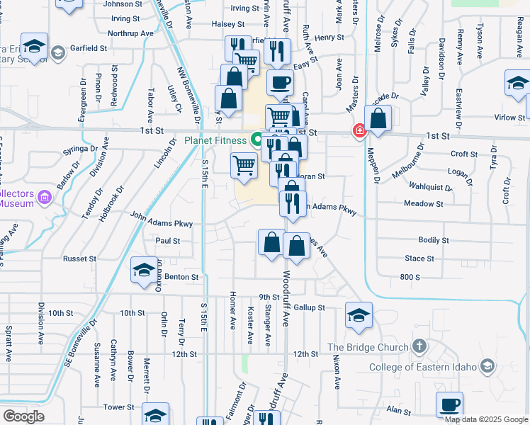 map of restaurants, bars, coffee shops, grocery stores, and more near 1670 John Adams Parkway in Idaho Falls