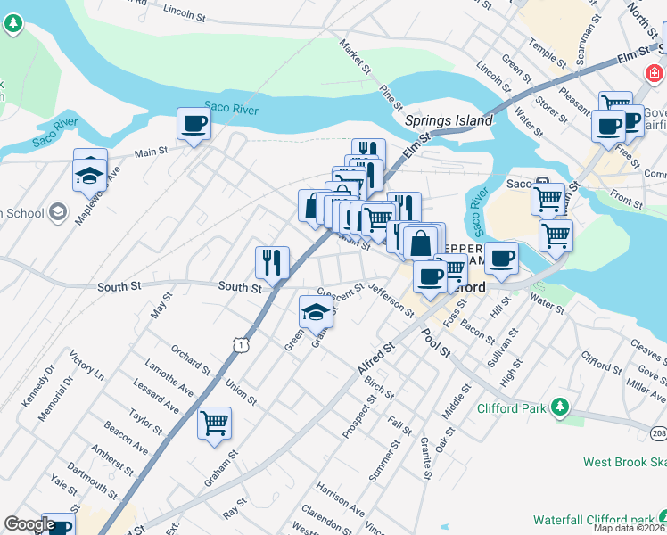 map of restaurants, bars, coffee shops, grocery stores, and more near 167 Elm Street in Biddeford