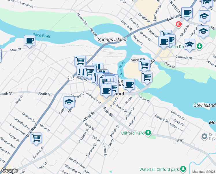 map of restaurants, bars, coffee shops, grocery stores, and more near 2 York Street in Biddeford