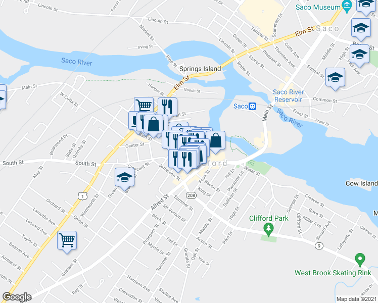 map of restaurants, bars, coffee shops, grocery stores, and more near 2 York Street in Biddeford