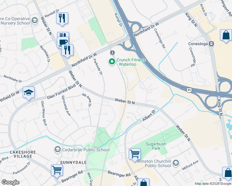 map of restaurants, bars, coffee shops, grocery stores, and more near 550 Parkside Drive in Waterloo