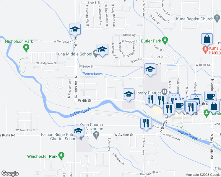 map of restaurants, bars, coffee shops, grocery stores, and more near 1249 West Wheat Street in Kuna
