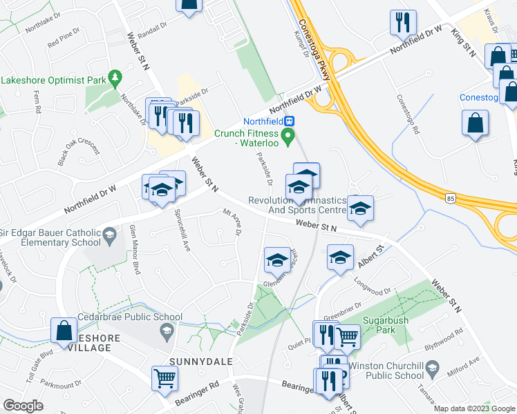 map of restaurants, bars, coffee shops, grocery stores, and more near 550 Weber Street North in Waterloo