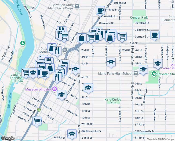 map of restaurants, bars, coffee shops, grocery stores, and more near 160 5th Street in Idaho Falls