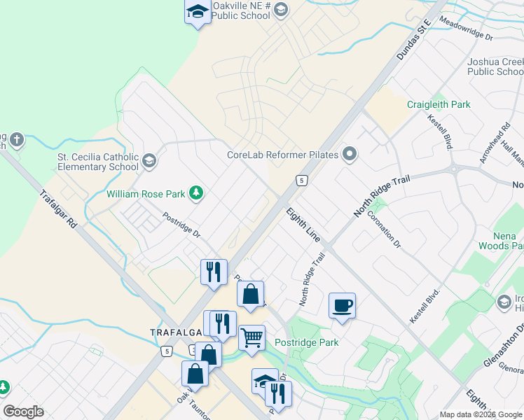 map of restaurants, bars, coffee shops, grocery stores, and more near in Oakville