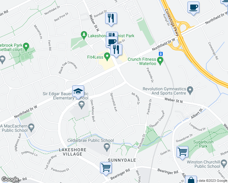 map of restaurants, bars, coffee shops, grocery stores, and more near 708 Glen Forrest Boulevard in Waterloo