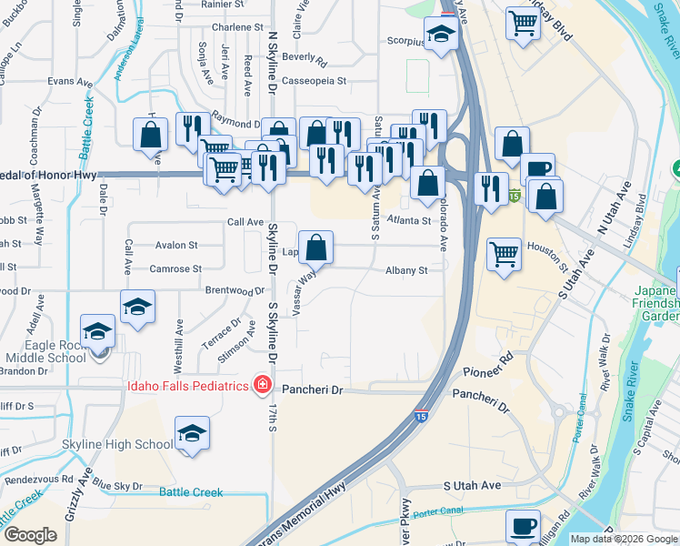 map of restaurants, bars, coffee shops, grocery stores, and more near 1550 Vassar Way in Idaho Falls