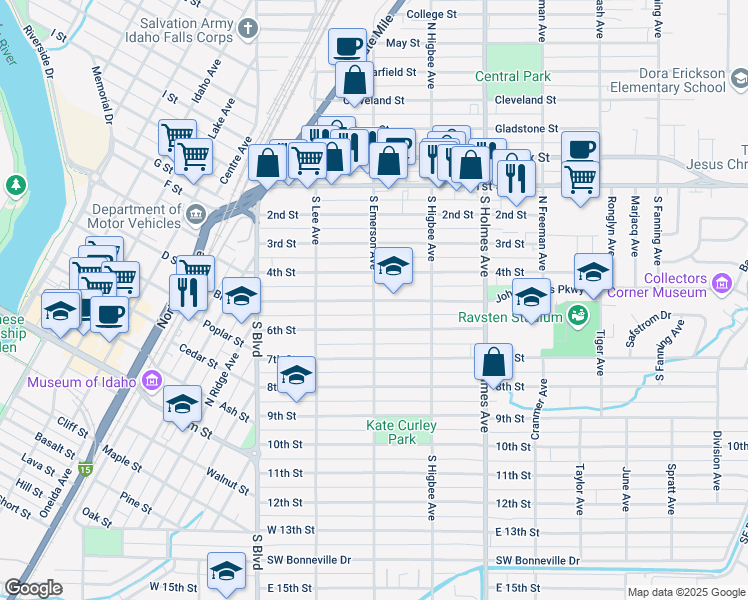 map of restaurants, bars, coffee shops, grocery stores, and more near 5th Street in Idaho Falls