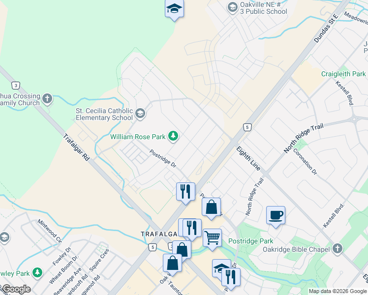 map of restaurants, bars, coffee shops, grocery stores, and more near 3068 Max Khan Boulevard in Oakville