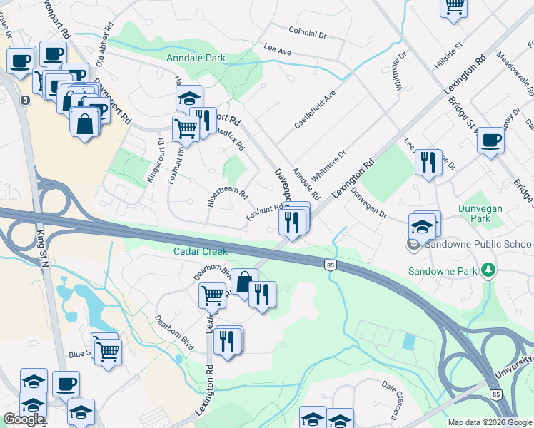 map of restaurants, bars, coffee shops, grocery stores, and more near 460 Bluestream Road in Waterloo