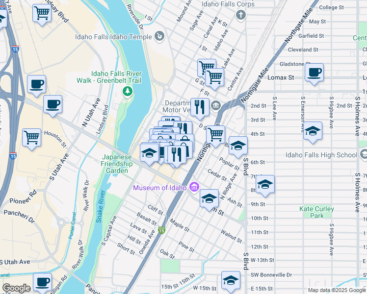 map of restaurants, bars, coffee shops, grocery stores, and more near 552 Park Avenue in Idaho Falls