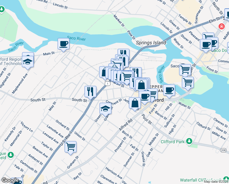 map of restaurants, bars, coffee shops, grocery stores, and more near 167 Elm Street in Biddeford