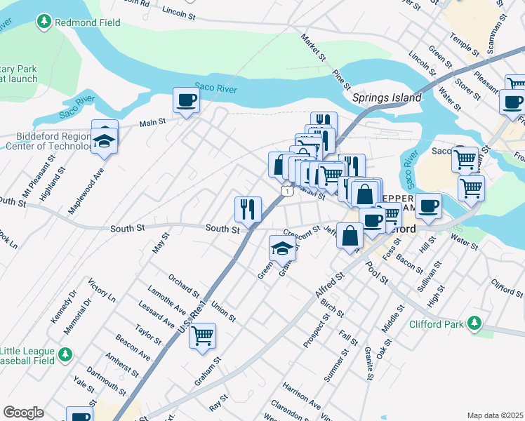 map of restaurants, bars, coffee shops, grocery stores, and more near 178 Elm Street in Biddeford