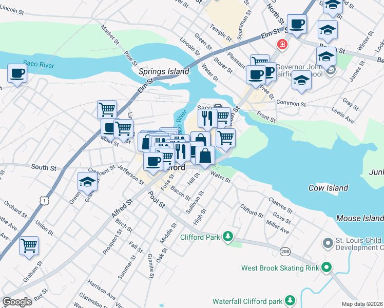map of restaurants, bars, coffee shops, grocery stores, and more near 2 Main Street in Biddeford