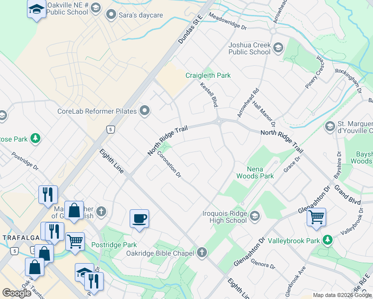 map of restaurants, bars, coffee shops, grocery stores, and more near 2437 Hilda Drive in Oakville
