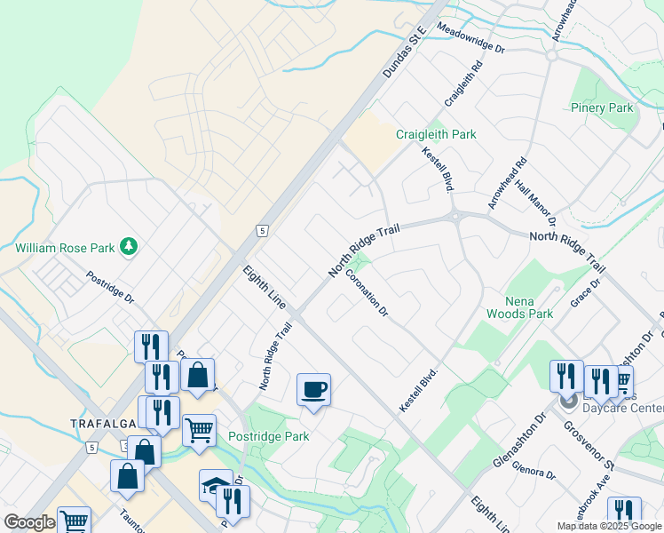 map of restaurants, bars, coffee shops, grocery stores, and more near 2563 North Ridge Trail in Oakville