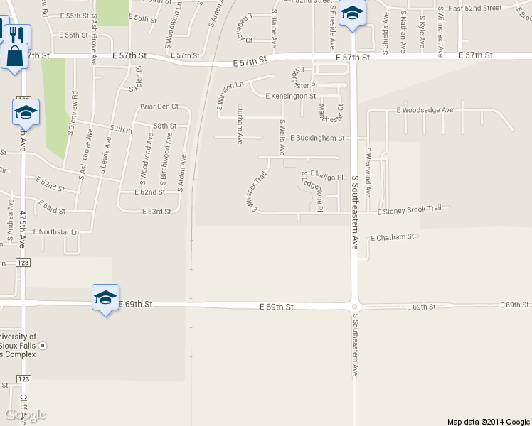 map of restaurants, bars, coffee shops, grocery stores, and more near 2619 East Whisper Trail in Sioux Falls