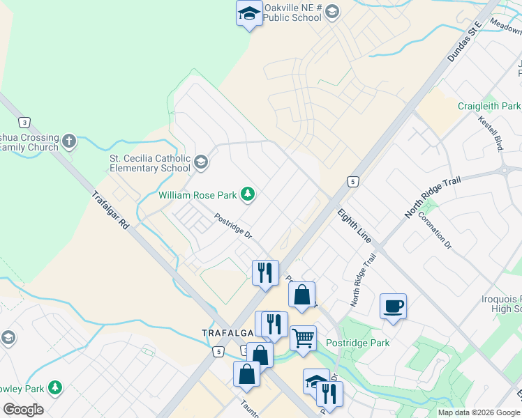 map of restaurants, bars, coffee shops, grocery stores, and more near 423 Grindstone Trail in Oakville
