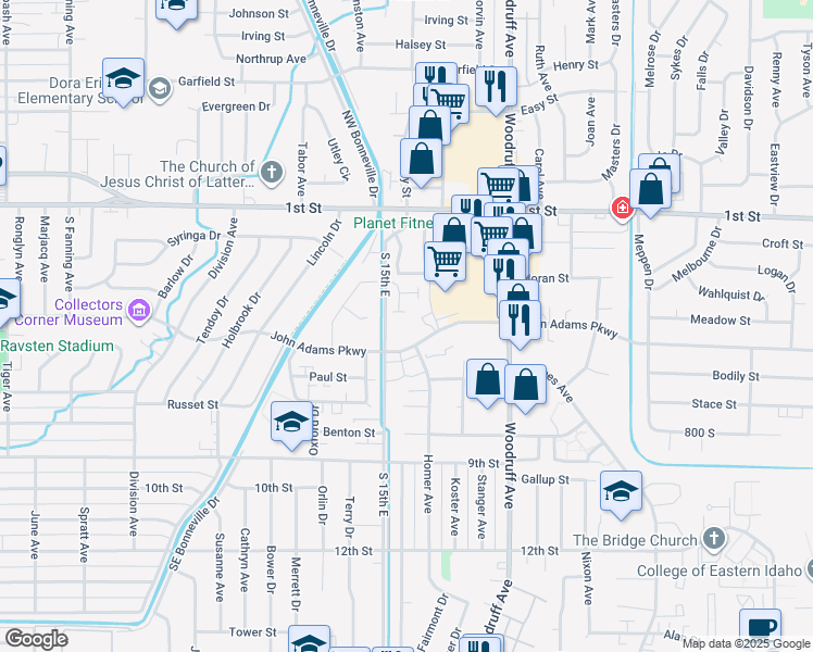 map of restaurants, bars, coffee shops, grocery stores, and more near 1537 John Adams Parkway in Idaho Falls