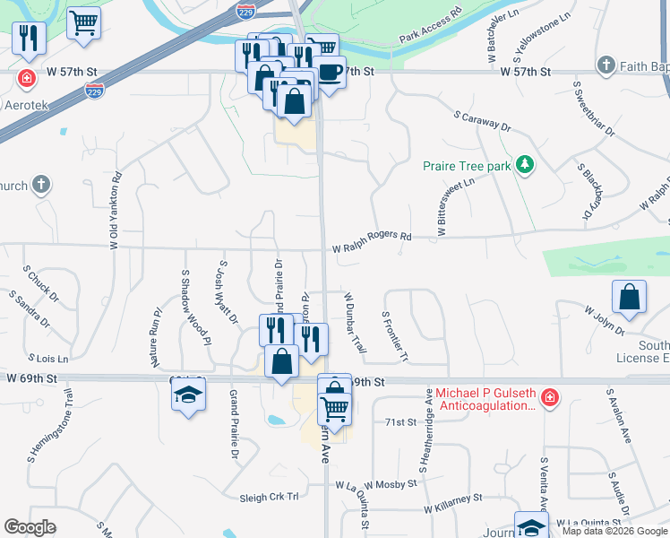 map of restaurants, bars, coffee shops, grocery stores, and more near 5201 South Summerfield Place in Sioux Falls