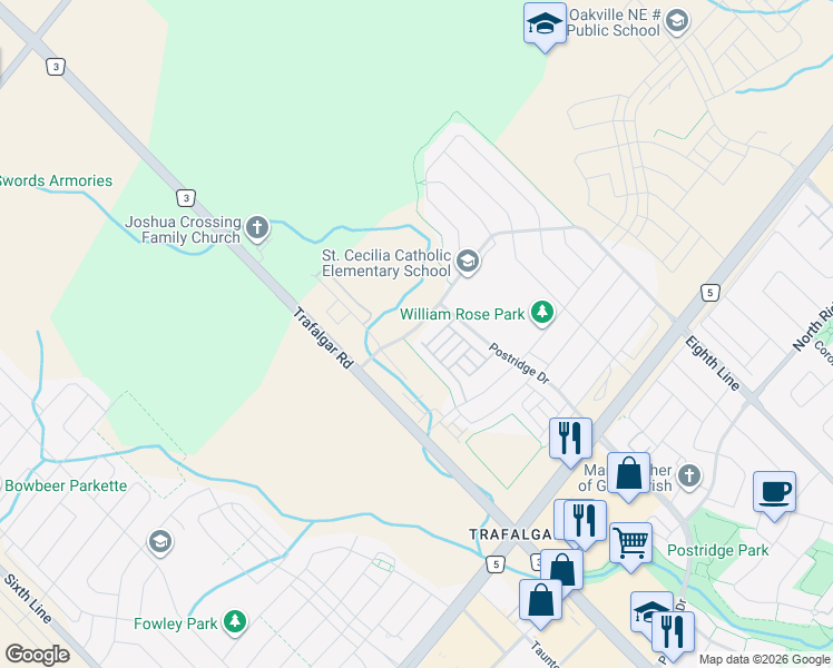 map of restaurants, bars, coffee shops, grocery stores, and more near 372 Threshing Mill Boulevard in Oakville