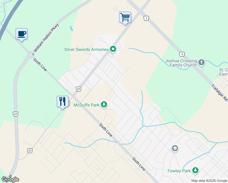 map of restaurants, bars, coffee shops, grocery stores, and more near 3523 Post Road in Oakville
