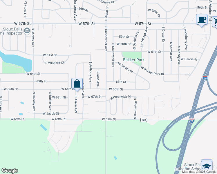 map of restaurants, bars, coffee shops, grocery stores, and more near 6347-6399 West 65th Street in Sioux Falls