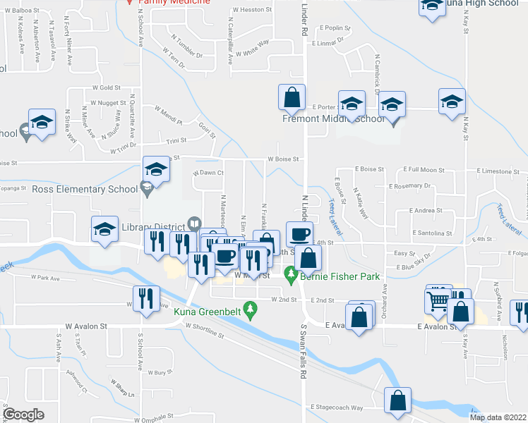 map of restaurants, bars, coffee shops, grocery stores, and more near 571 North Franklin Avenue in Kuna