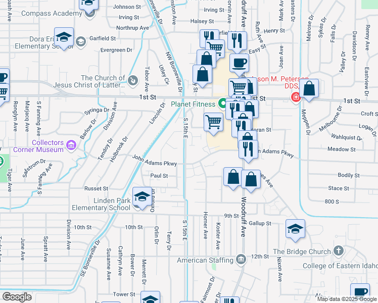 map of restaurants, bars, coffee shops, grocery stores, and more near 420 Dugout Way in Idaho Falls