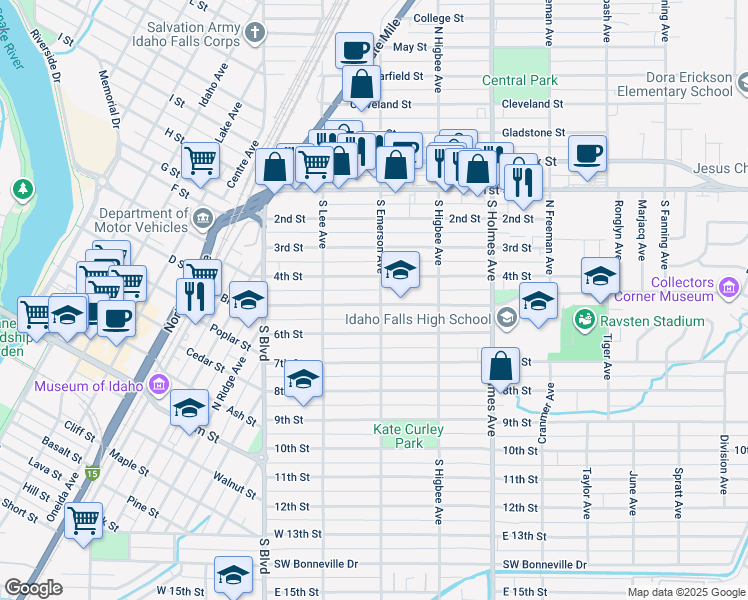 map of restaurants, bars, coffee shops, grocery stores, and more near 284 4th Street in Idaho Falls