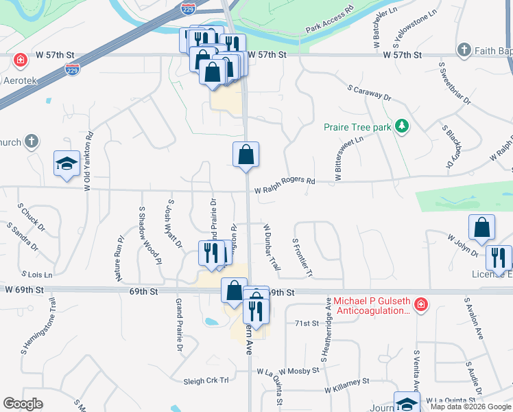 map of restaurants, bars, coffee shops, grocery stores, and more near 5201 South Summerfield Place in Sioux Falls