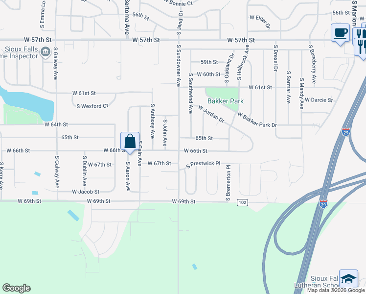 map of restaurants, bars, coffee shops, grocery stores, and more near 6347-6399 West 65th Street in Sioux Falls